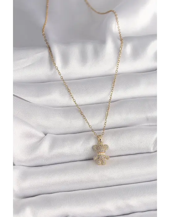  Altın  Zincir Zirkon Taşlı Ayıcık Figür  Çelik Kolye