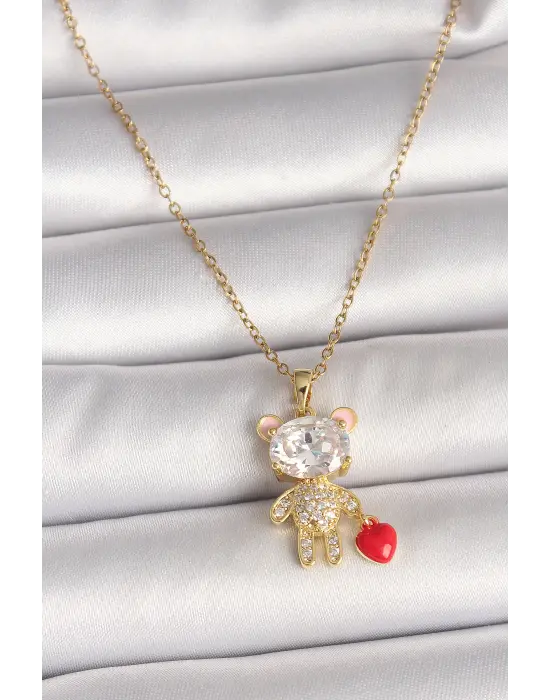 316L Çelik Gold Renk Zincir Zirkon Taşlı Ayıcık Model Kırmızı Kalp Detay Kadın Kolye