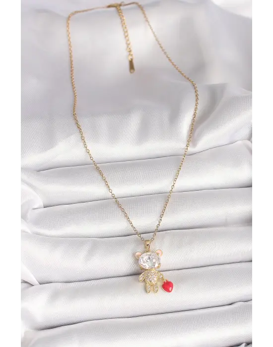 316L Çelik Gold Renk Zincir Zirkon Taşlı Ayıcık Model Kırmızı Kalp Detay Kadın Kolye