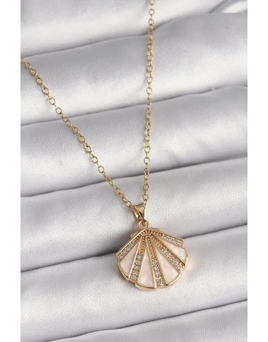  Altın  Zincir Zirkon Taşlı Beyaz Mineli Deniz Kabuğu Model  Çelik Kolye