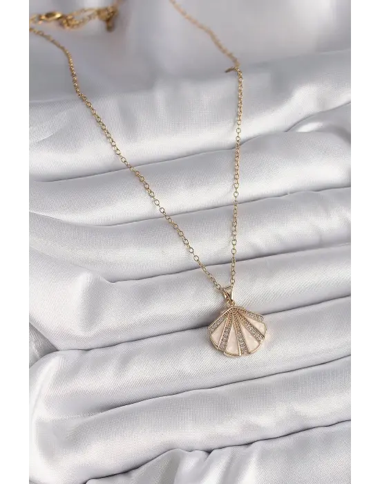  Altın  Zincir Zirkon Taşlı Beyaz Mineli Deniz Kabuğu Model  Çelik Kolye