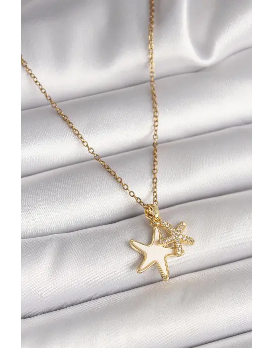 316L Çelik Gold Renk Zincir Zirkon Taşlı Beyaz Mineli Deniz Yıldızı Model Kadın Kolye
