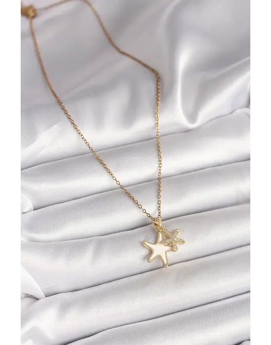 316L Çelik Gold Renk Zincir Zirkon Taşlı Beyaz Mineli Deniz Yıldızı Model Kadın Kolye
