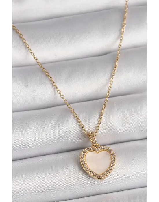  Altın  Zincir Zirkon Taşlı Beyaz Mineli Kalp Model  Çelik Kolye