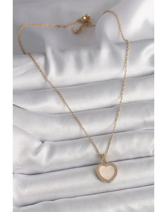  Altın  Zincir Zirkon Taşlı Beyaz Mineli Kalp Model  Çelik Kolye