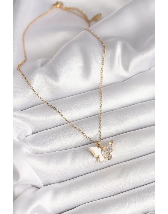 316L Çelik Gold Renk Zincir Zirkon Taşlı Beyaz Mineli Kelebek Model Kadın Kolye
