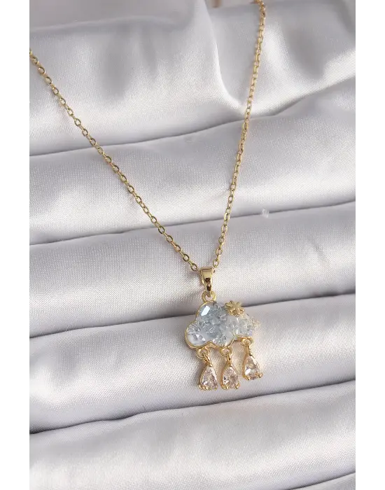  Altın  Zincir Zirkon Taşlı Bulut Model Sallantı Damla Figür  Çelik Kolye