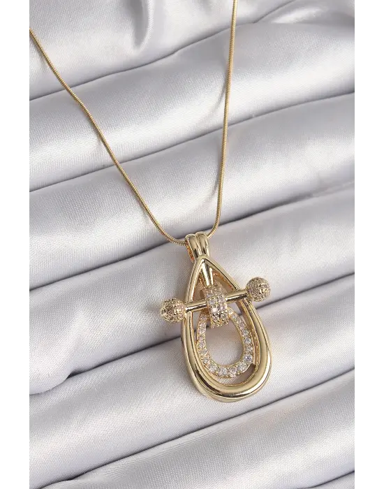  Altın  Zincir Zirkon Taşlı Damla Model  Çelik Kolye