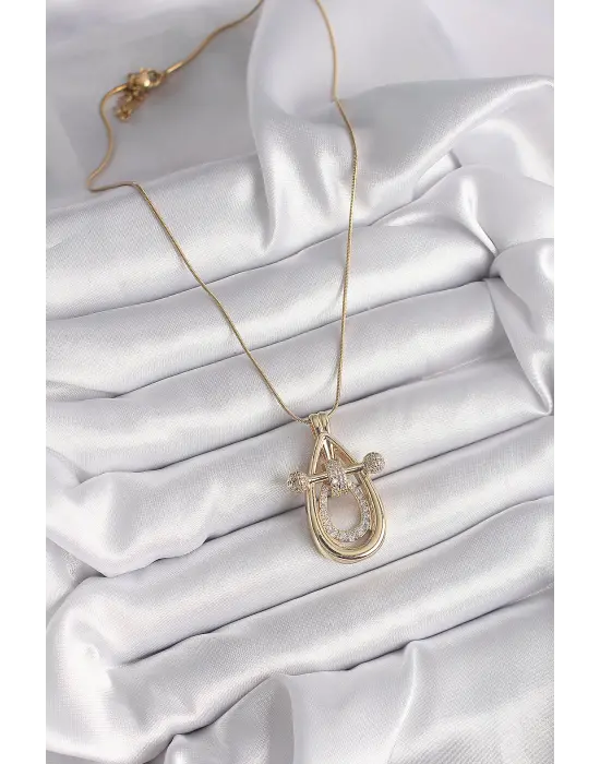  Altın  Zincir Zirkon Taşlı Damla Model  Çelik Kolye