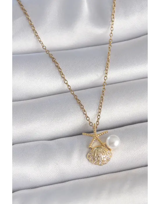 316L Çelik Gold Renk Zincir Zirkon Taşlı Deniz Kabuğu Model İnci Detay Kadın Kolye