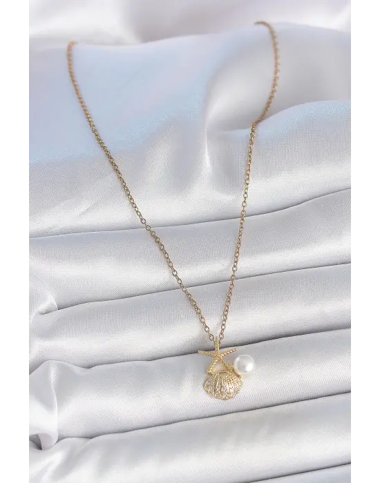 316L Çelik Gold Renk Zincir Zirkon Taşlı Deniz Kabuğu Model İnci Detay Kadın Kolye