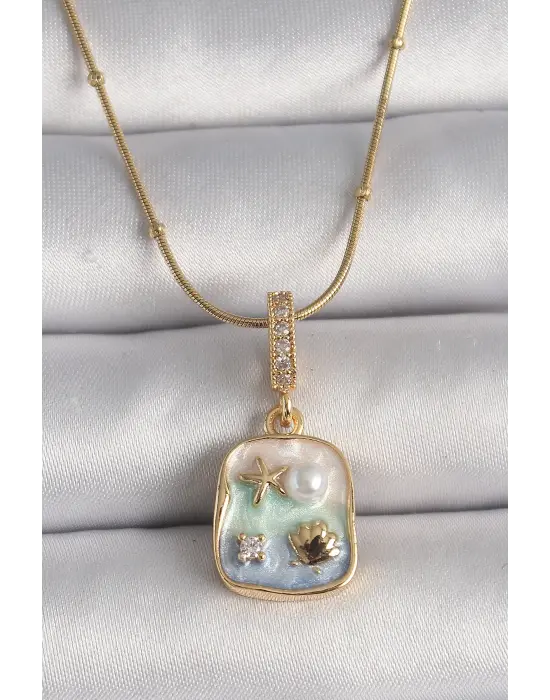  Altın  Zincir Zirkon Taşlı Deniz Yıldızı İstiridye Figür  Çelik Kolye