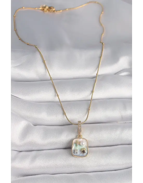  Altın  Zincir Zirkon Taşlı Deniz Yıldızı İstiridye Figür  Çelik Kolye