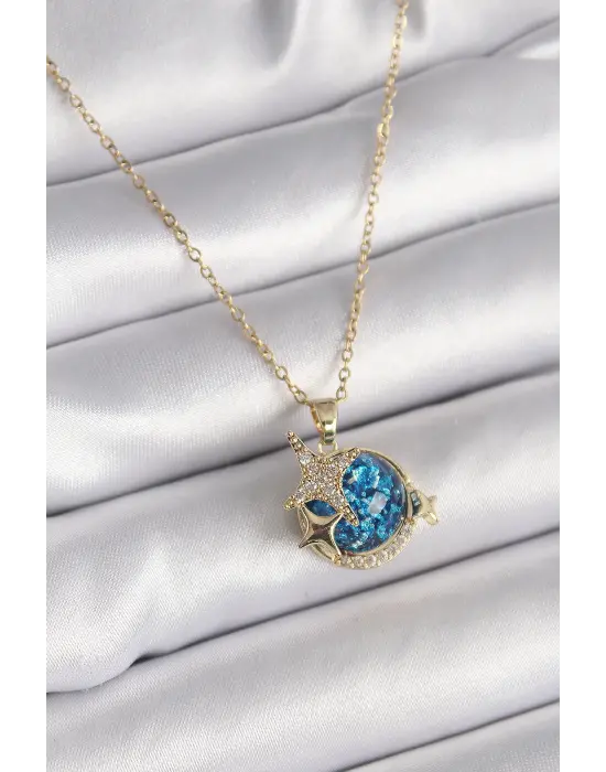  Altın  Zincir Zirkon Taşlı Detaylı Mavi Simli Gezegen Model Yıldız Detay  Çelik Kolye