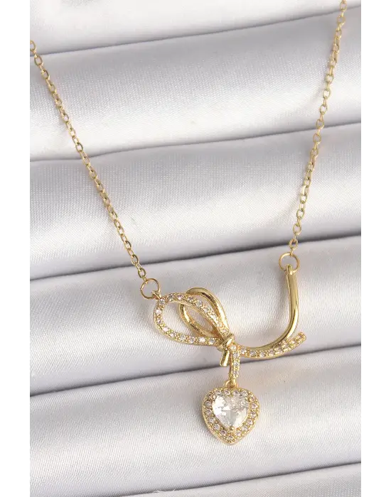  Altın  Zincir Zirkon Taşlı Düğüm Sallantı Kalp Model  Çelik Kolye