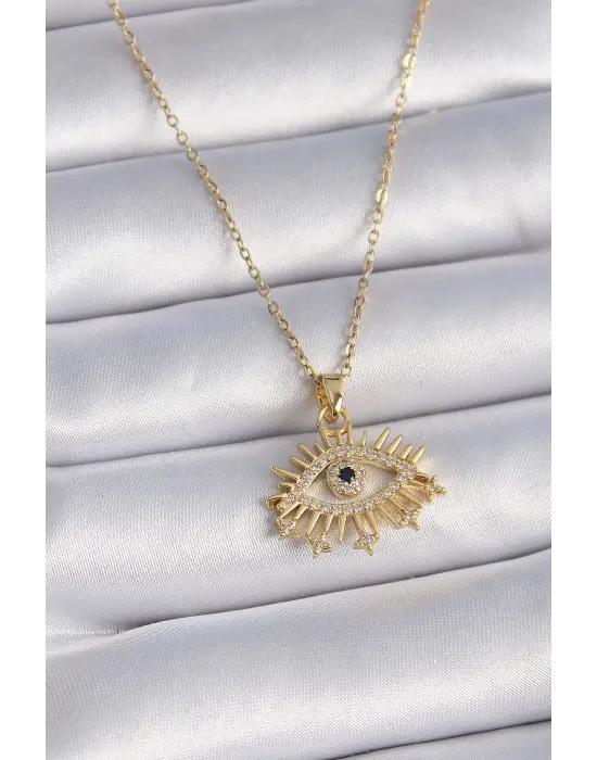  Altın  Zincir Zirkon Taşlı Göz Figür  Çelik Kolye
