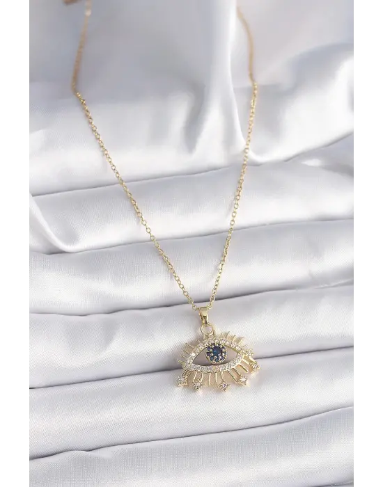  Altın  Zincir Zirkon Taşlı Göz Model  Çelik Kolye