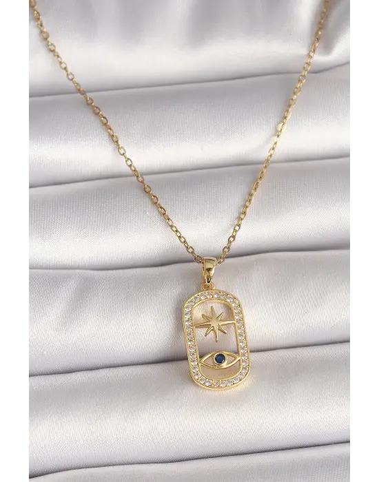 316L Çelik Gold Renk Zincir Zirkon Taşlı Göz Yıldız Model Kadın Kolye
