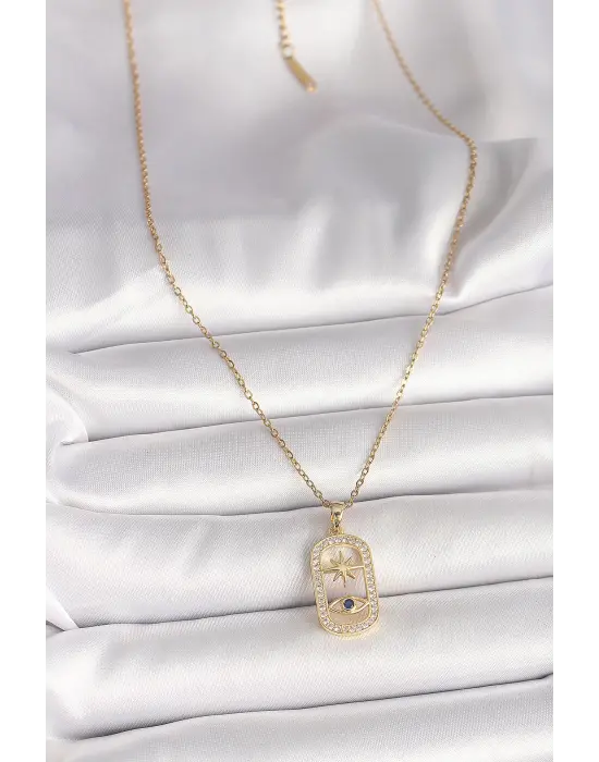 316L Çelik Gold Renk Zincir Zirkon Taşlı Göz Yıldız Model Kadın Kolye