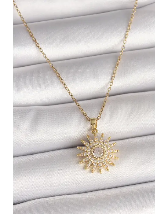 316L Çelik Gold Renk Zincir Zirkon Taşlı Güneş Model Kadın Kolye