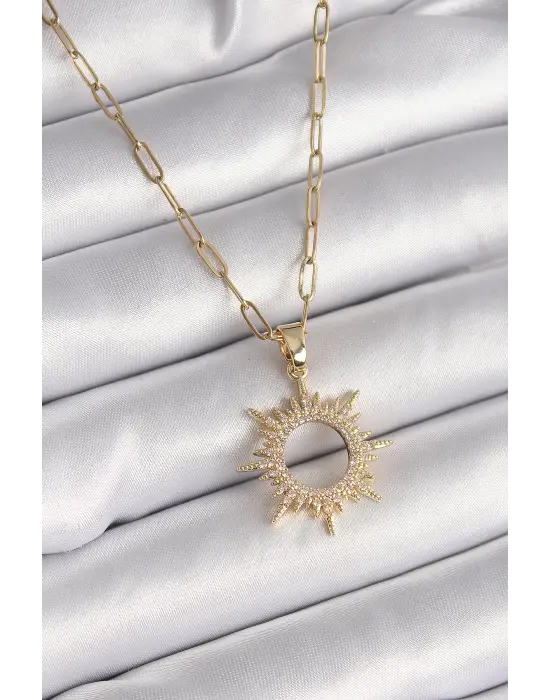  Altın  Zincir Zirkon Taşlı Güneş Model  Çelik Kolye