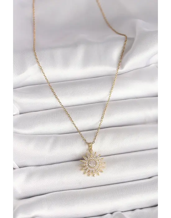 316L Çelik Gold Renk Zincir Zirkon Taşlı Güneş Model Kadın Kolye