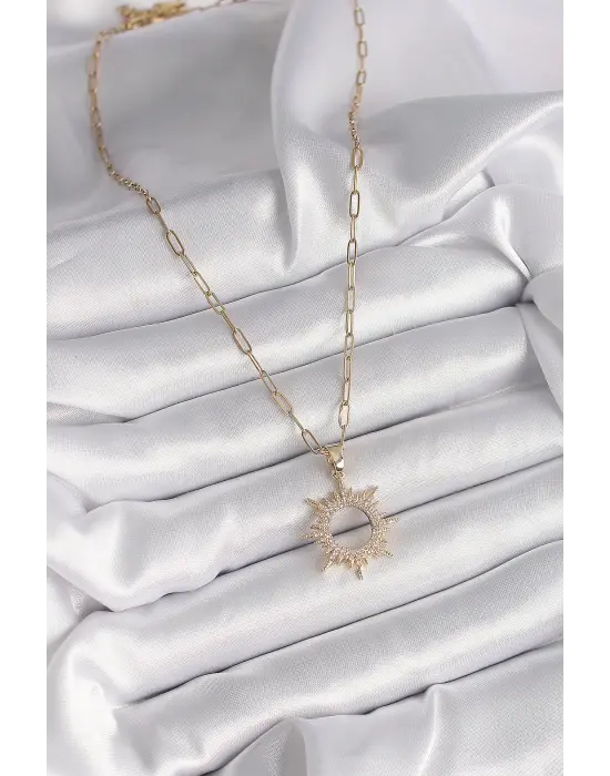  Altın  Zincir Zirkon Taşlı Güneş Model  Çelik Kolye