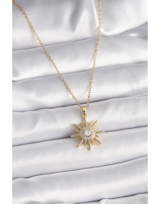  Altın  Zincir Zirkon Taşlı Güneş Model  Çelik Kolye