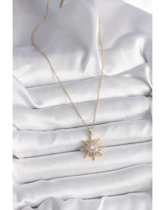  Altın  Zincir Zirkon Taşlı Güneş Model  Çelik Kolye