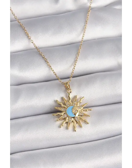  Altın  Zincir Zirkon Taşlı Güneş Model Mavi Ay İşleme  Çelik Kolye