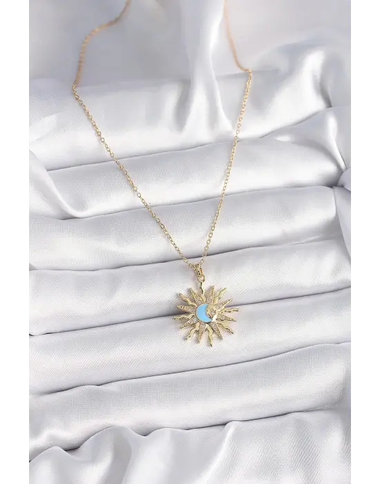  Altın  Zincir Zirkon Taşlı Güneş Model Mavi Ay İşleme  Çelik Kolye