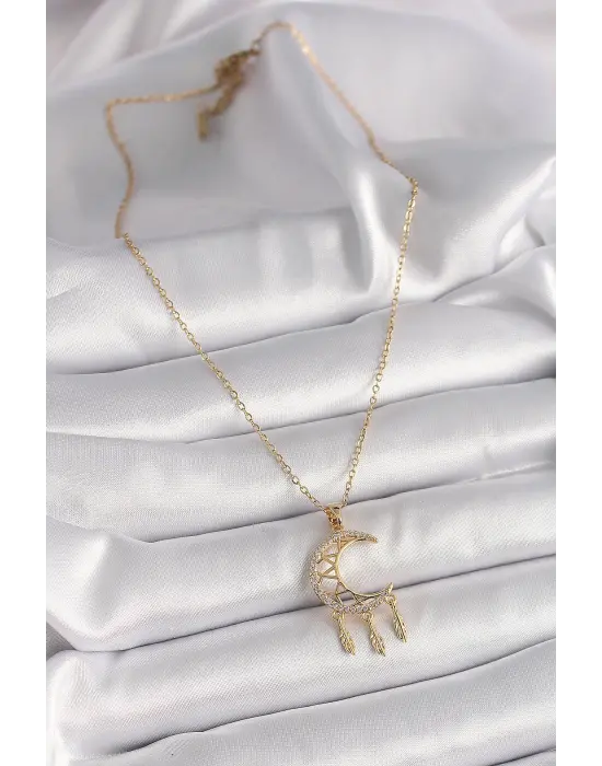  Altın  Zincir Zirkon Taşlı Hilal Model Sallantı Yaprak Detay  Çelik Kolye