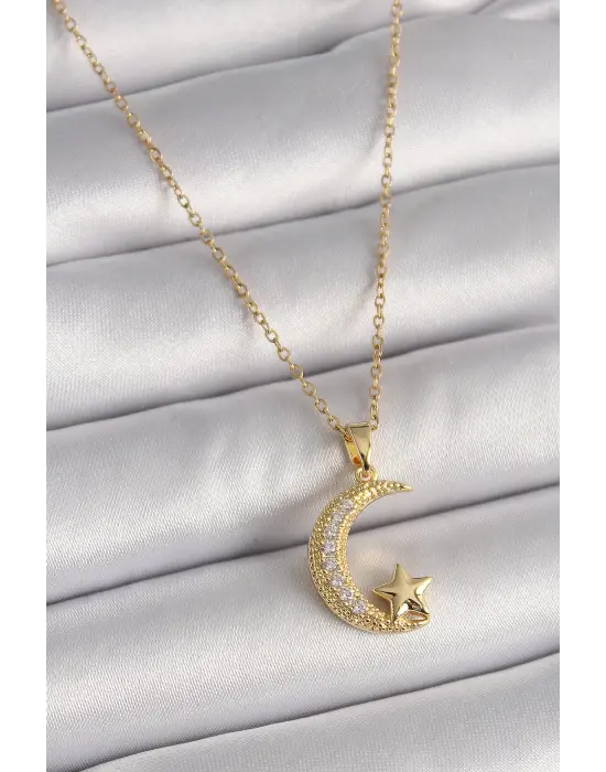  Altın  Zincir Zirkon Taşlı Hilal Model Yıldız Detay  Çelik Kolye