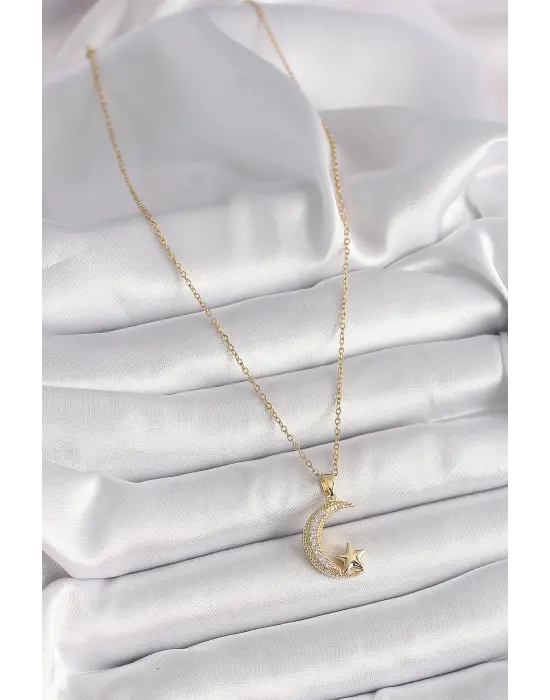  Altın  Zincir Zirkon Taşlı Hilal Model Yıldız Detay  Çelik Kolye