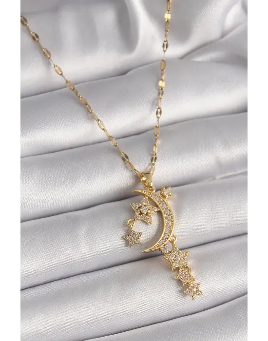  Altın  Zincir Zirkon Taşlı Hilal Yıldız Figür Sallantı Detay  Çelik Kolye