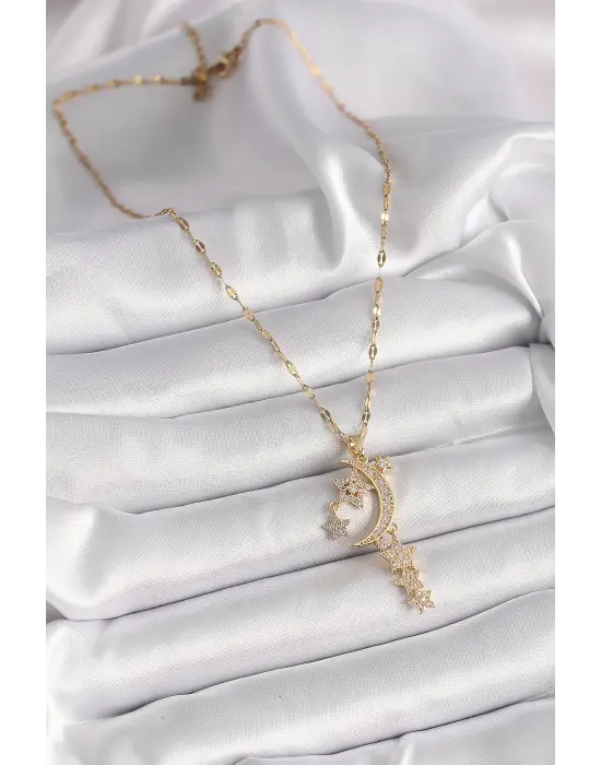  Altın  Zincir Zirkon Taşlı Hilal Yıldız Figür Sallantı Detay  Çelik Kolye
