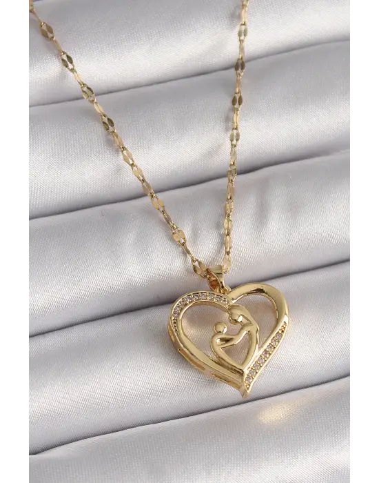  Altın  Zincir Zirkon Taşlı Kalp Anne Çocuk Figür  Çelik Kolye