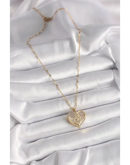  Altın  Zincir Zirkon Taşlı Kalp Anne Çocuk Figür  Çelik Kolye