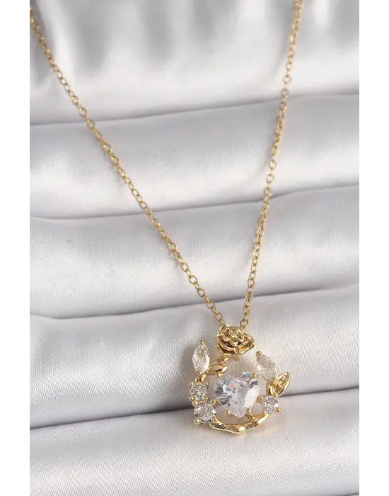  Altın  Zincir Zirkon Taşlı Kalp Model Gül Detay  Çelik Kolye