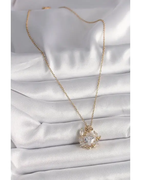  Altın  Zincir Zirkon Taşlı Kalp Model Gül Detay  Çelik Kolye