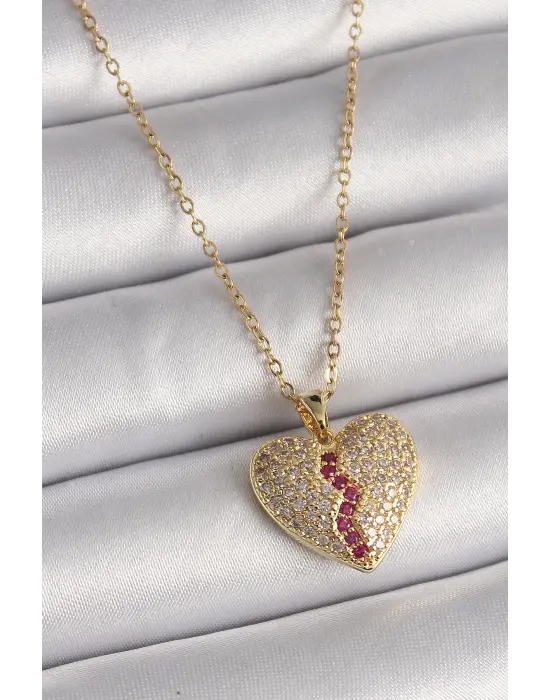  Altın  Zincir Zirkon Taşlı Kalp Model  Çelik Kolye
