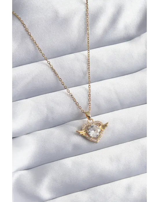  Altın  Zincir Zirkon Taşlı Kalp Model  Çelik Kolye