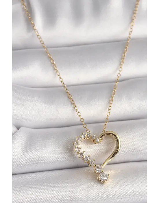  Altın  Zincir Zirkon Taşlı Kalp Model  Çelik Kolye