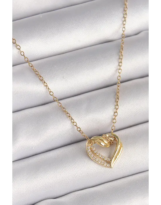 316L Çelik Gold Renk Zincir Zirkon Taşlı Kalp Model Kadın Kolye