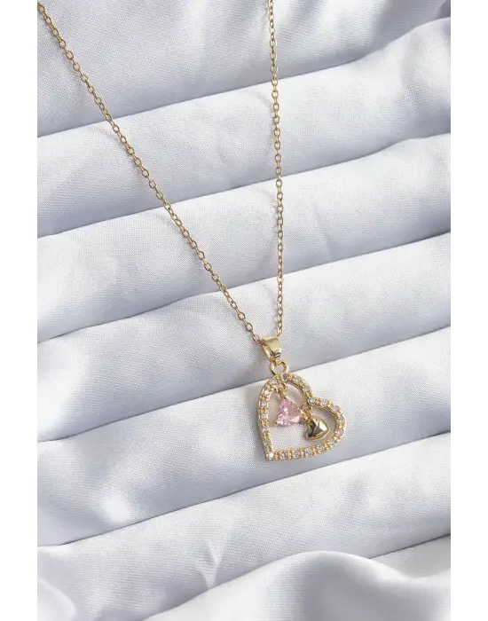  Altın  Zincir Zirkon Taşlı Kalp Model  Çelik Kolye