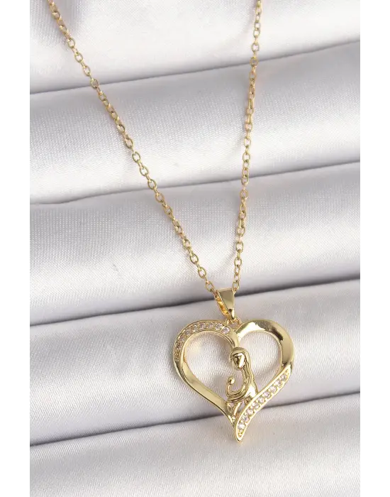  Altın  Zincir Zirkon Taşlı Kalp Model  Çelik Kolye