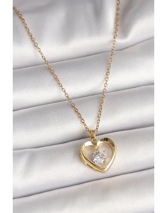 316L Çelik Gold Renk Zincir Zirkon Taşlı Kalp Model Kadın Kolye
