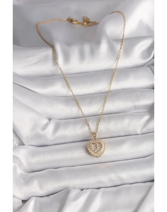  Altın  Zincir Zirkon Taşlı Kalp Model  Çelik Kolye