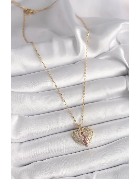  Altın  Zincir Zirkon Taşlı Kalp Model  Çelik Kolye