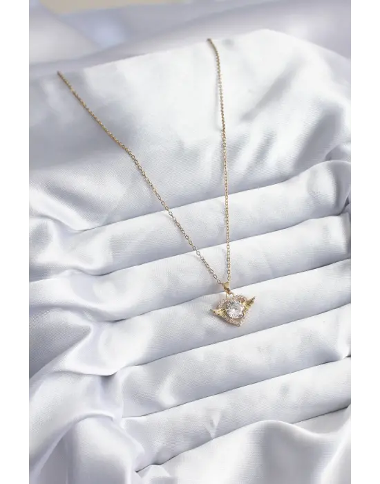  Altın  Zincir Zirkon Taşlı Kalp Model  Çelik Kolye